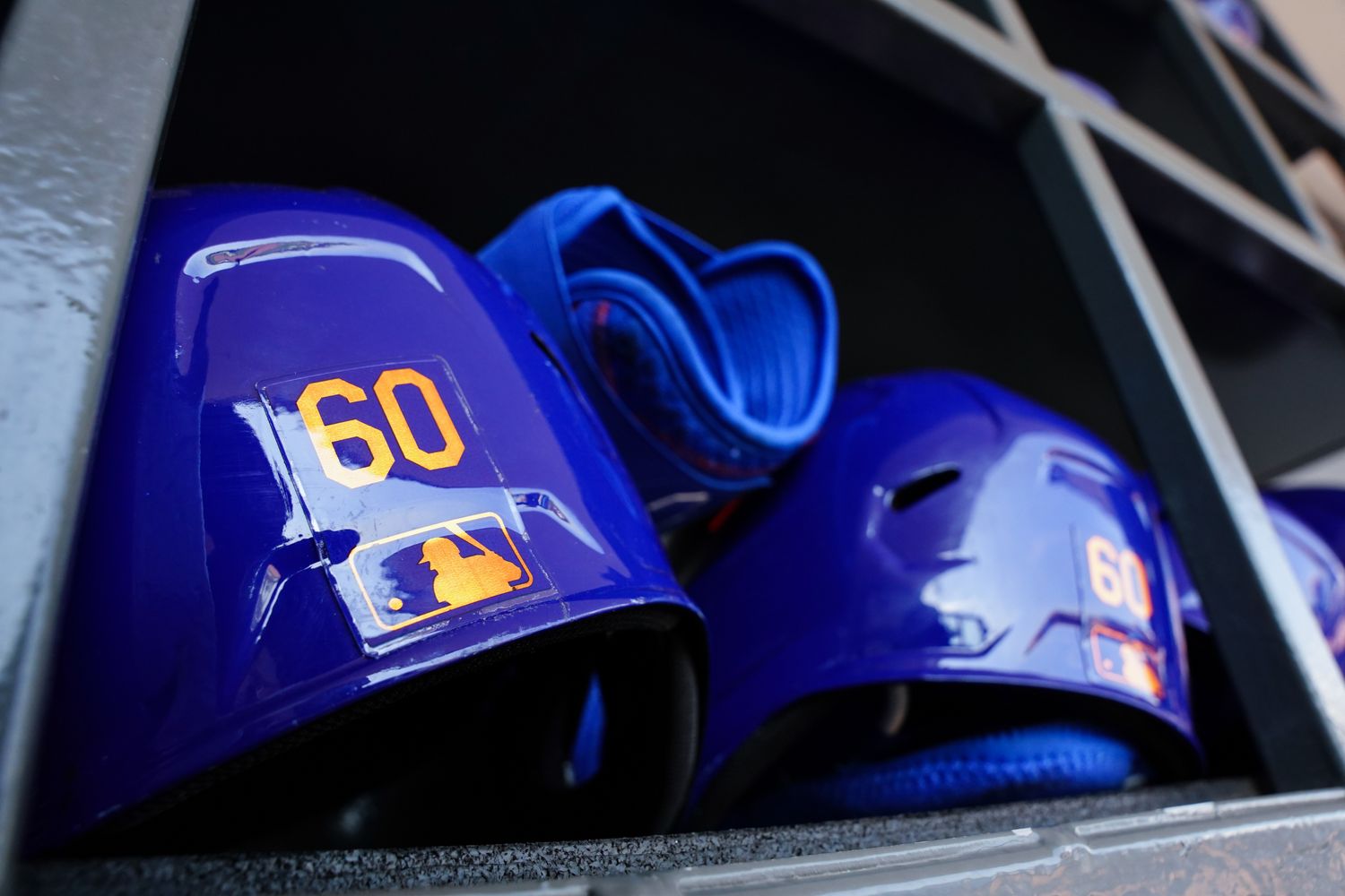 Mar 3, 2023; New York Mets Helmet Port St. Lucie, Florida, USA; A detail view of the helmet of New York Mets shortstop Ronny Mauricio (60) prior to a game against the Washington Nationals at Clover Park. Mandatory Credit: Rich Storry-USA TODAY Sports
